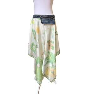 Miss Sixty Y2K Silk Handkerchief Skirt Asymmetrical Denim Waist Made Italy S